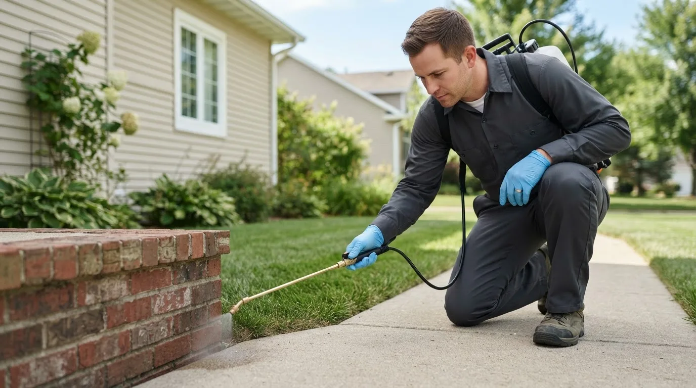 Pest control technician treating a home near Derby, NY